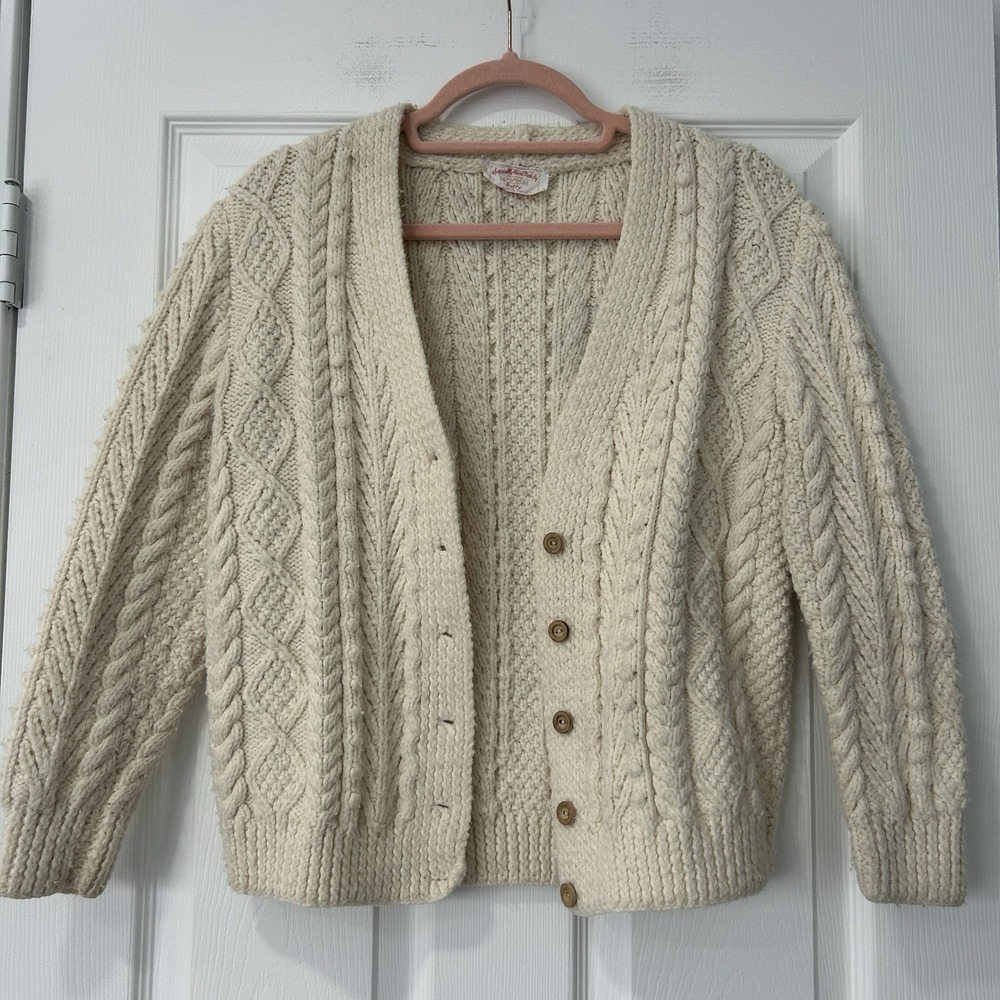 Vintage Handmade Cable Knit Fisherman Cardigan Cream Button‎ Up Sweater Grandma